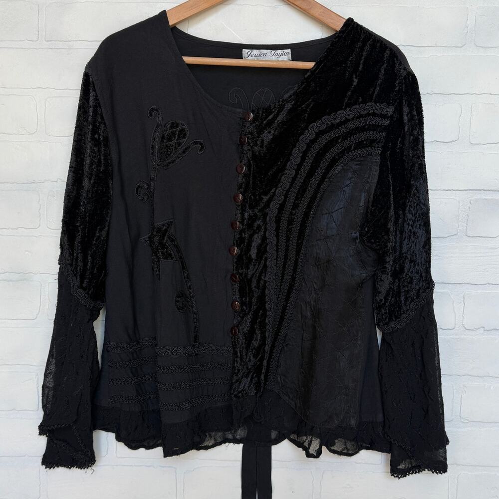 Jessica Taylor Vintage Women's Black Velvet Pheasant Flowy Top Sz 1X